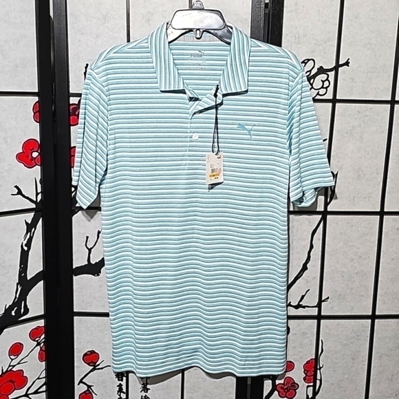 Puma‎ Striped Polo Shirt Legacy Print Blue Small NWT - Picture 1 of 6